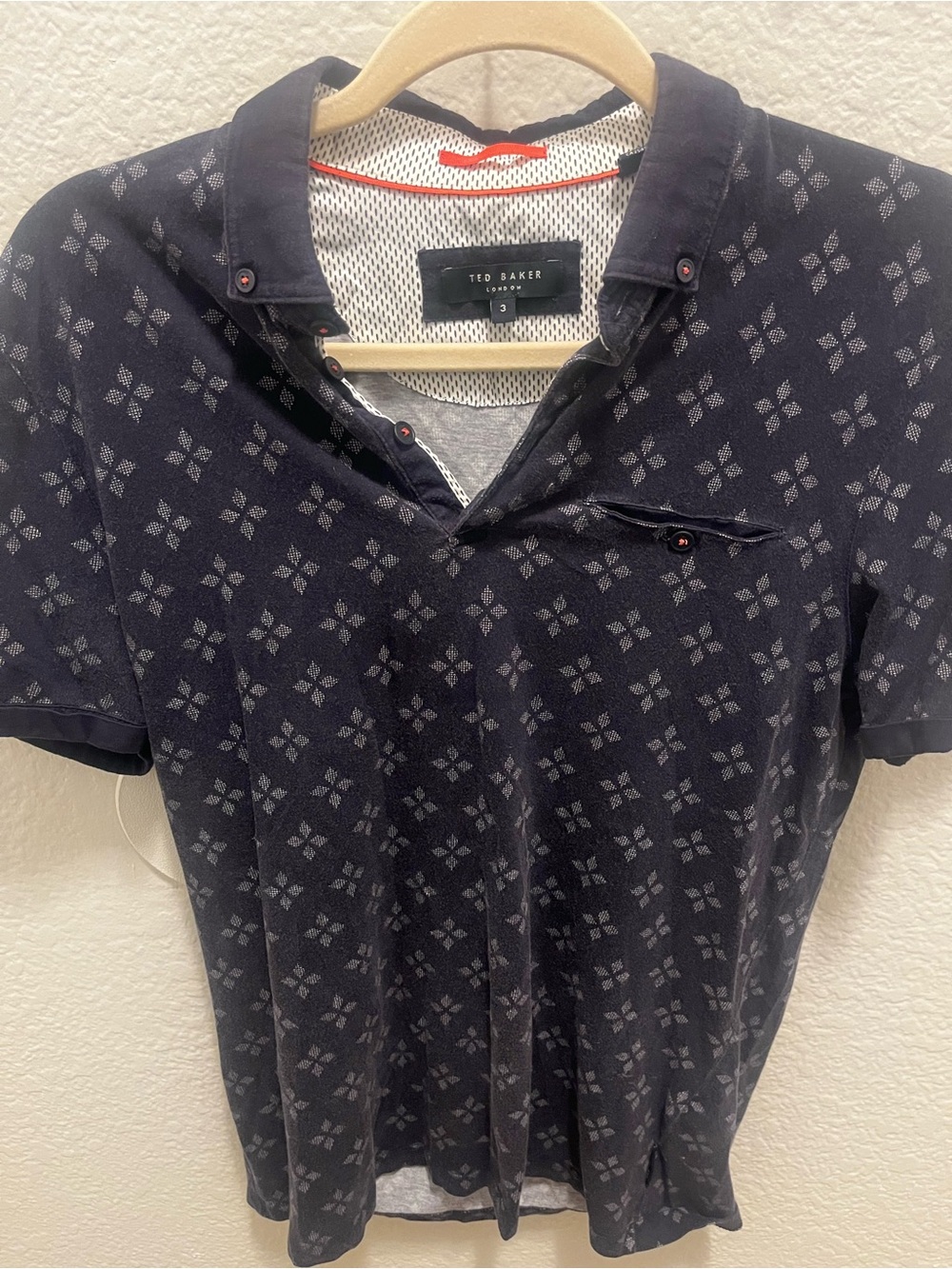 Ted Baker London Mens Polo Shirt Size 3 Medium Navy Floral Print Pocket Short